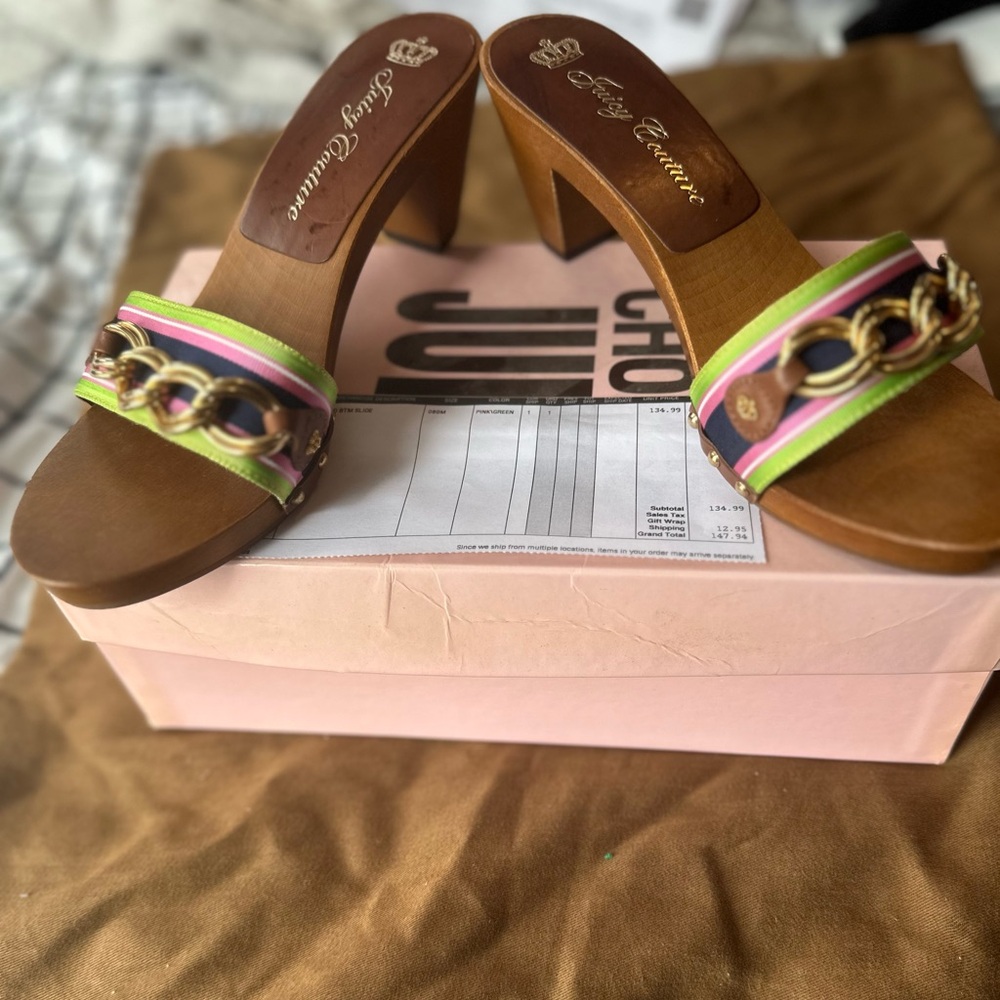 Juicy Couture Mule shoes: Size 8 - Never Worn. Pink/Navy/Green w/ Gold chain